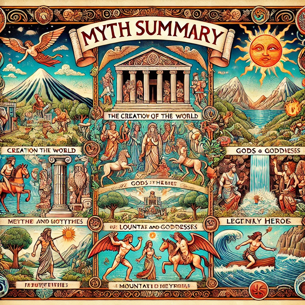 Myth-Summary-An-ancient-scroll-depicting-scenes-from-Greek-mythology_-the-creation-of-the-world-gods-and-goddesses-on-Mount-Olympus-and-legendary-.webp