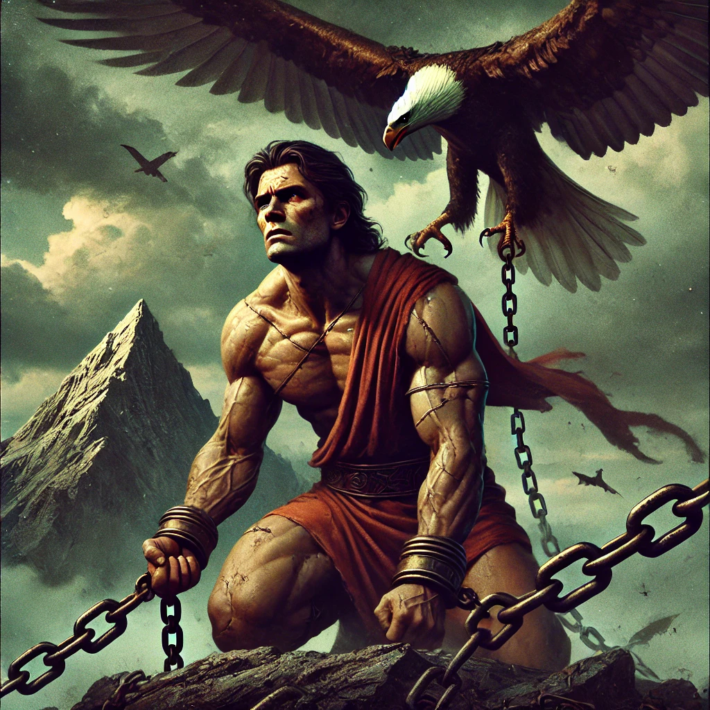 Prometheus_-The-Punished-Titan-Prometheus-a-strong-and-defiant-figure-chained-to-a-rocky-cliff-with-an-eagle-looming-over-him.-His-