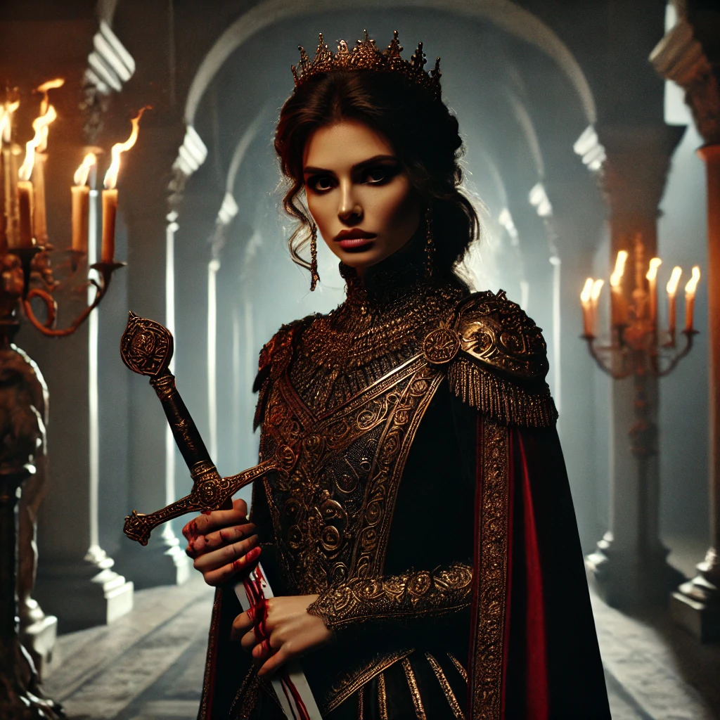 Clytemnestra_-The-Queen-of-Vengeance-Clytemnestra-a-powerful-and-stern-woman-with-regal-attire-holding-a-blood-stained-sword-standing-in-a-grand-.webp