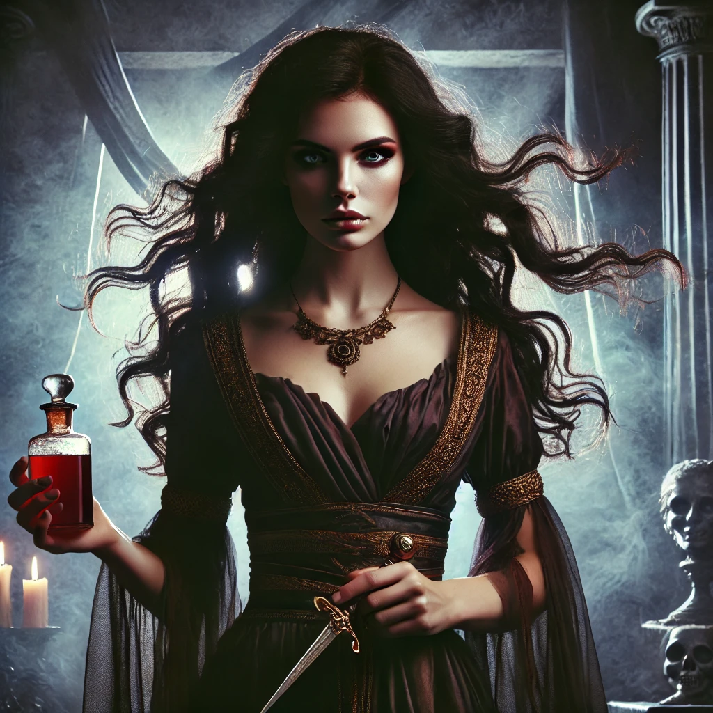 Medea_-A-witch-of-love-and-betrayal-Medea-a-regal-and-fierce-woman-with-flowing-dark-hair-and-a-determined-expression-holding-a-vial-of-potion-in-.webp