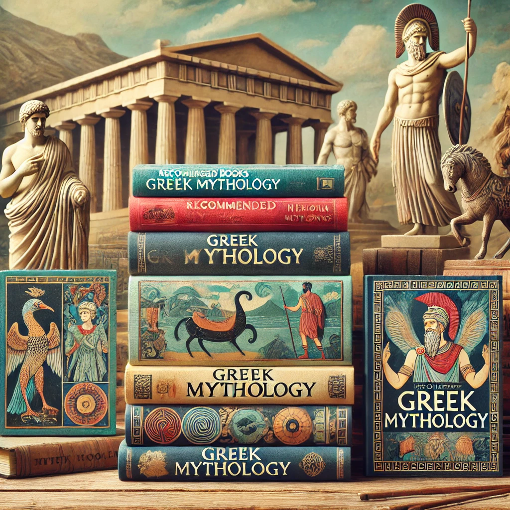 Recommended-Books-on-Greek-Mythology-A-neatly-arranged-stack-of-books-on-a-wooden-table-with-titles-related-to-Greek-mythology.-The-backdrop-featur.webp