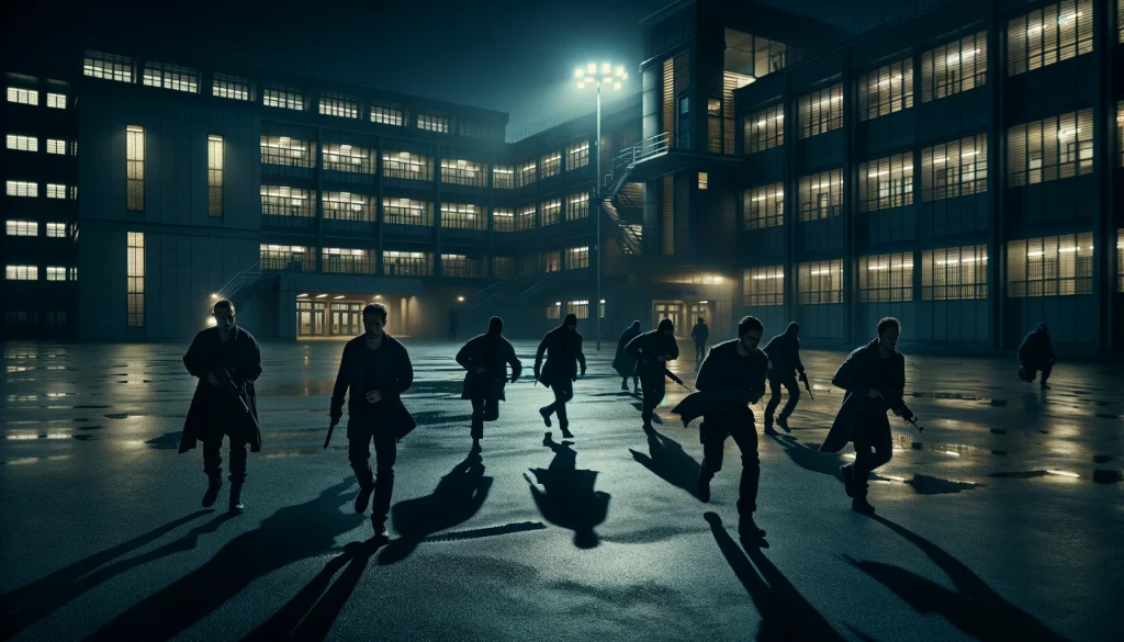 suspenseful-cinematic-scene-at-night-outside-a-large-imposing-prison.-The-focus-is-on-a-group-of-individuals-stealthily-moving-in-the-shadows-usi