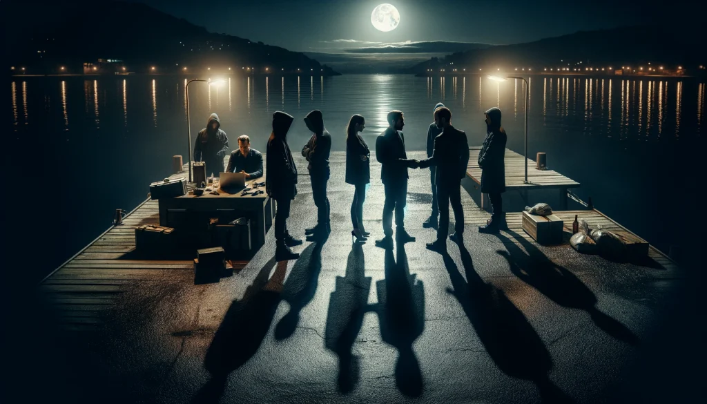 tense-nocturnal-scene-at-an-isolated-dimly-lit-dock-with-two-groups-of-individuals-standing-apart-engaged-in-a-tense-discussion.-There-are-no-vis