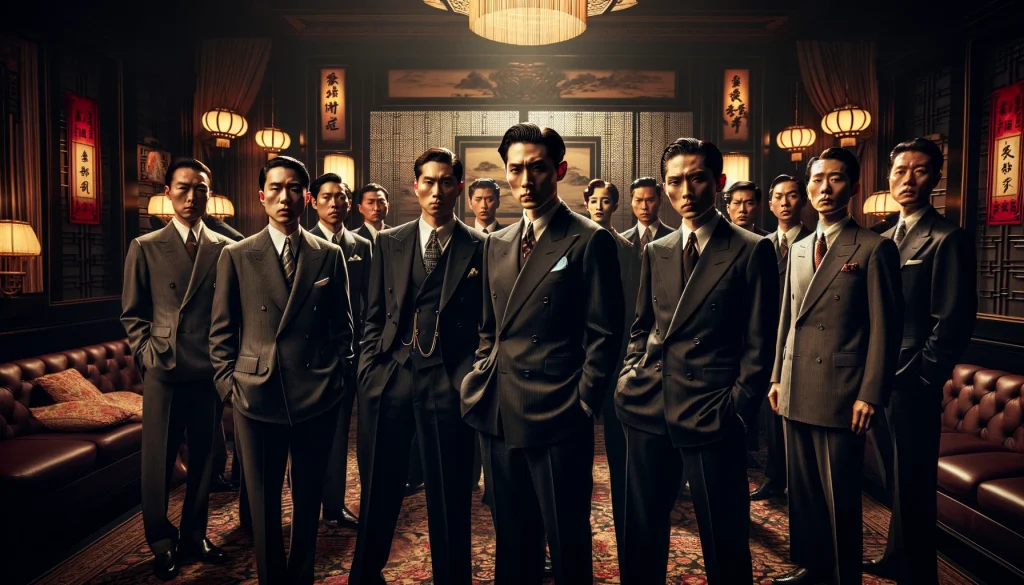 group-of-individuals-standing-together-in-a-sophisticated-dimly-lit-setting-resembling-a-scene-from-a-classic-film.-They-are-dressed-in-sharp-suit