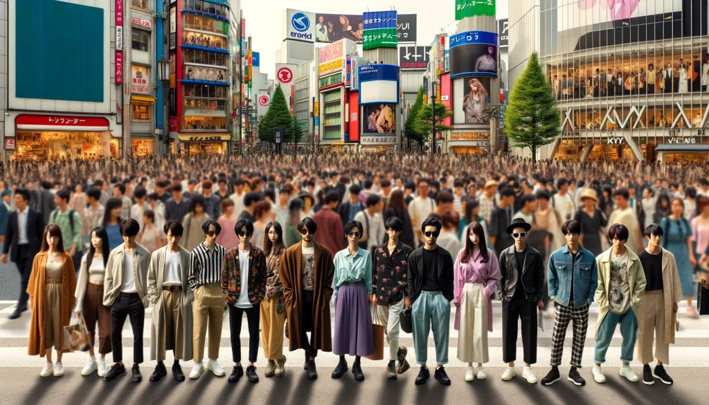 vibrant-and-bustling-street-scene-in-contemporary-Tokyo-during-the-Reiwa-era-with-diverse-crowds-of-people-going-about-their-daily-lives.-Among