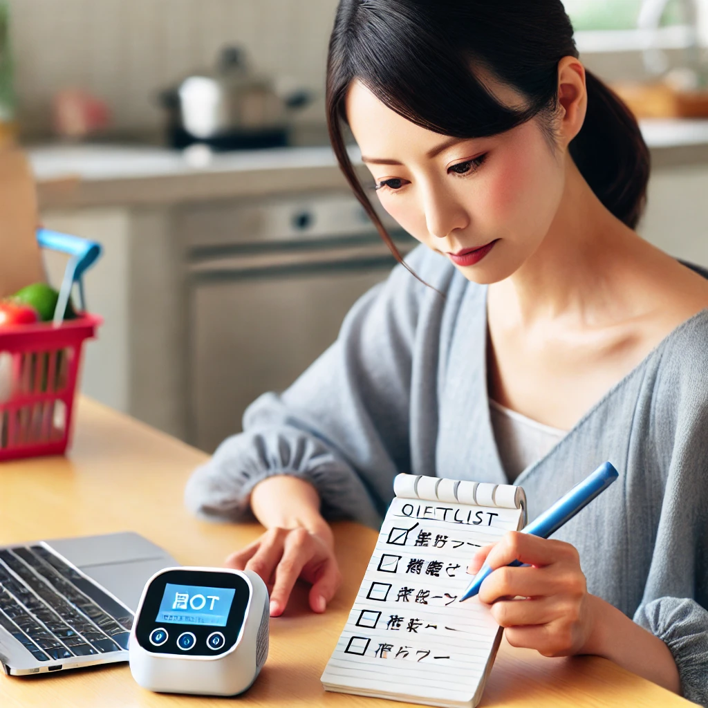 A-Japanese-mother-making-a-checklist-on-her-notepad-labeled-購入時の注意点.-She-looks-focused-while-sitting-at-a-dining-table-with-the-botトーク-device-and-.webp