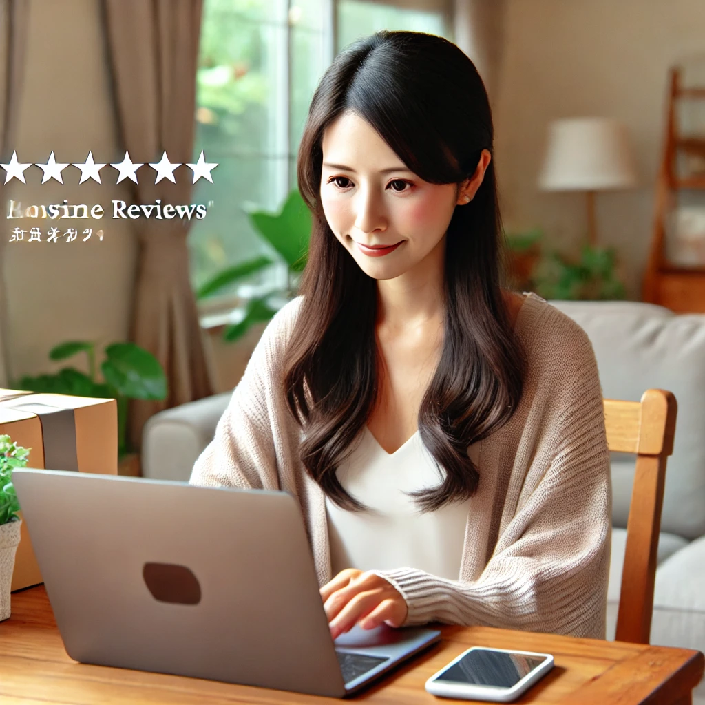 A-Japanese-mother-looking-at-online-reviews-for-botトーク-on-her-laptop.-She-looks-satisfied-while-reading-positive-reviews.-The-setting-is-a-cozy-livi.webp