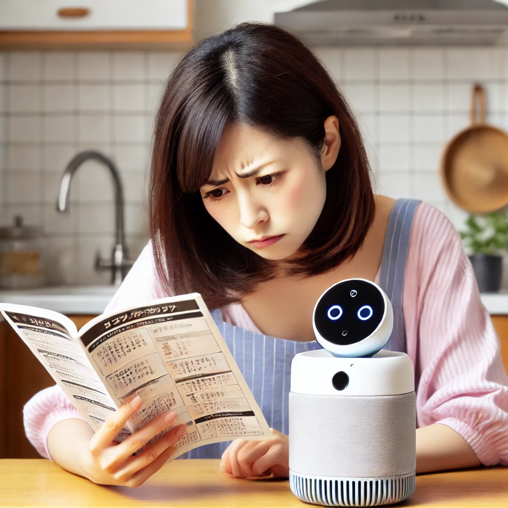 A-Japanese-mother-looking-at-her-botトーク-device-with-a-puzzled-expression-trying-to-figure-out-a-common-issue.-She-is-seated-at-a-kitchen-table-with.webp