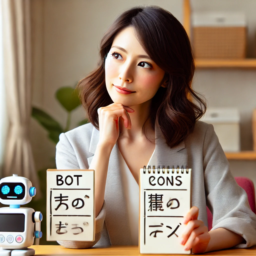 A-Japanese-mother-with-a-thoughtful-expression-considering-the-pros-and-cons-of-a-botトーク-device.-She-has-a-notepad-with-メリット-and-デメリット-columns.webp