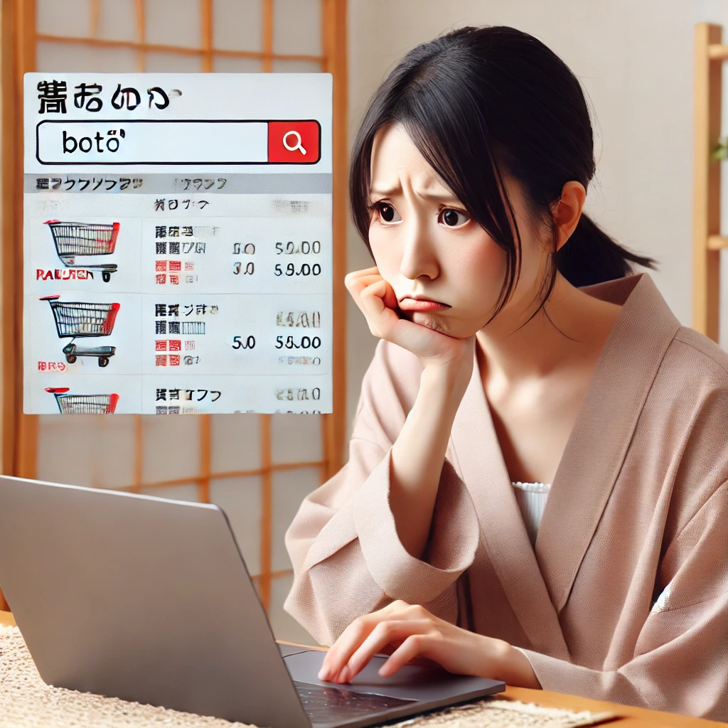 A-Japanese-mother-looking-disappointed-while-searching-for-botトーク-on-her-laptop.-The-screen-shows-multiple-e-commerce-sites-like-Rakuten-but-no-res.webp