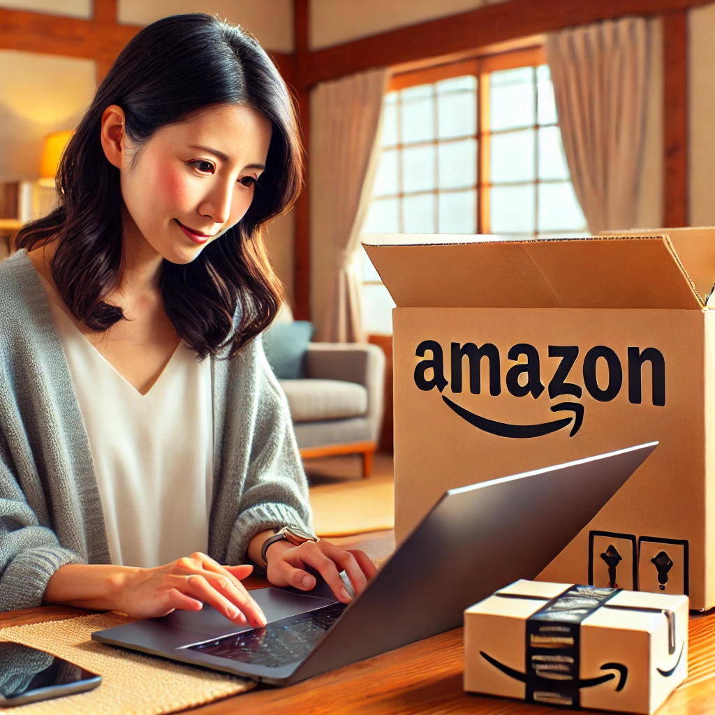 A-Japanese-mother-shopping-online-at-home-looking-at-a-laptop-screen-with-an-Amazon-logo-visible-and-next-to-her-is-a-box-with-botトーク-written-on-i.webp