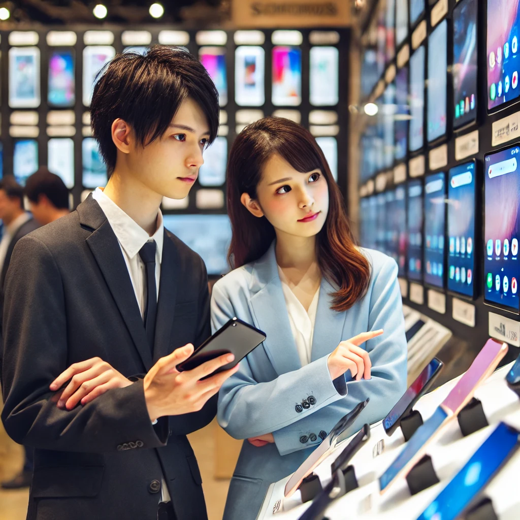 A-young-Japanese-man-and-woman-looking-at-different-smartphones-on-display.-The-background-shows-various-smartphone-brands-and-models-representing-th.webp