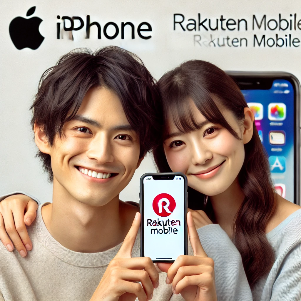 A-young-Japanese-man-and-woman-holding-an-iPhone-with-a-Rakuten-Mobile-logo-on-the-screen.-They-are-smiling-and-looking-happy.-The-background-shows-Ap.webp