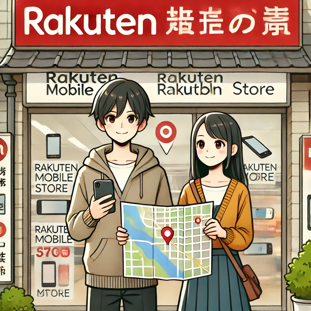 A-young-Japanese-man-and-woman-standing-in-front-of-a-Rakuten-Mobile-store.-They-are-holding-smartphones-and-looking-at-a-map-showing-store-locations.webp