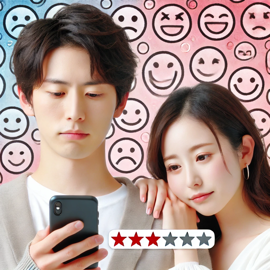 A-young-Japanese-man-and-woman-with-mixed-expressions-looking-at-their-smartphones.-The-background-shows-a-blend-of-happy-and-sad-icons-representin.webp