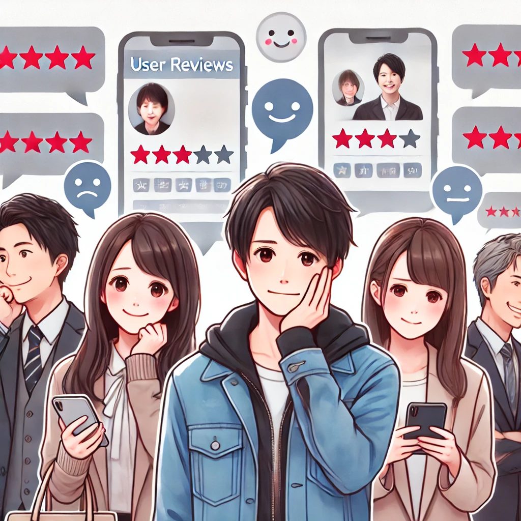 A-group-of-young-Japanese-men-and-women-some-looking-happy-and-others-looking-disappointed-with-a-background-of-smartphones-and-speech-bubbles-showi.webp