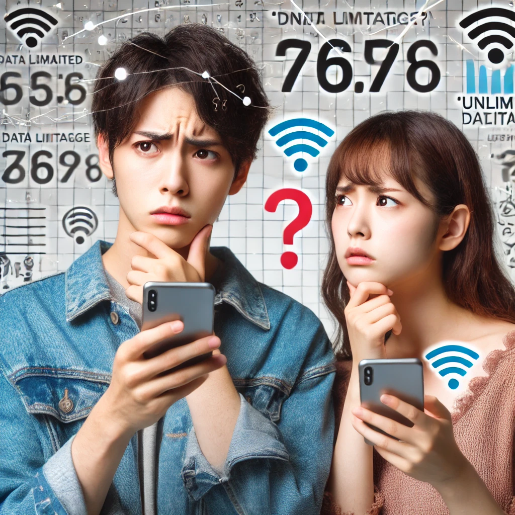 A-young-Japanese-man-and-woman-with-confused-expressions-looking-at-their-smartphones-with-a-background-showing-data-usage-and-limitations-icons.-The.webp