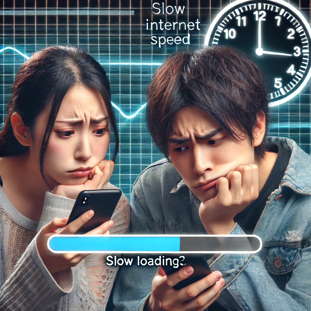 A-young-Japanese-man-and-woman-looking-at-their-smartphones-with-frustrated-expressions-with-a-background-showing-a-slow-loading-bar-and-a-clock.-The.webp