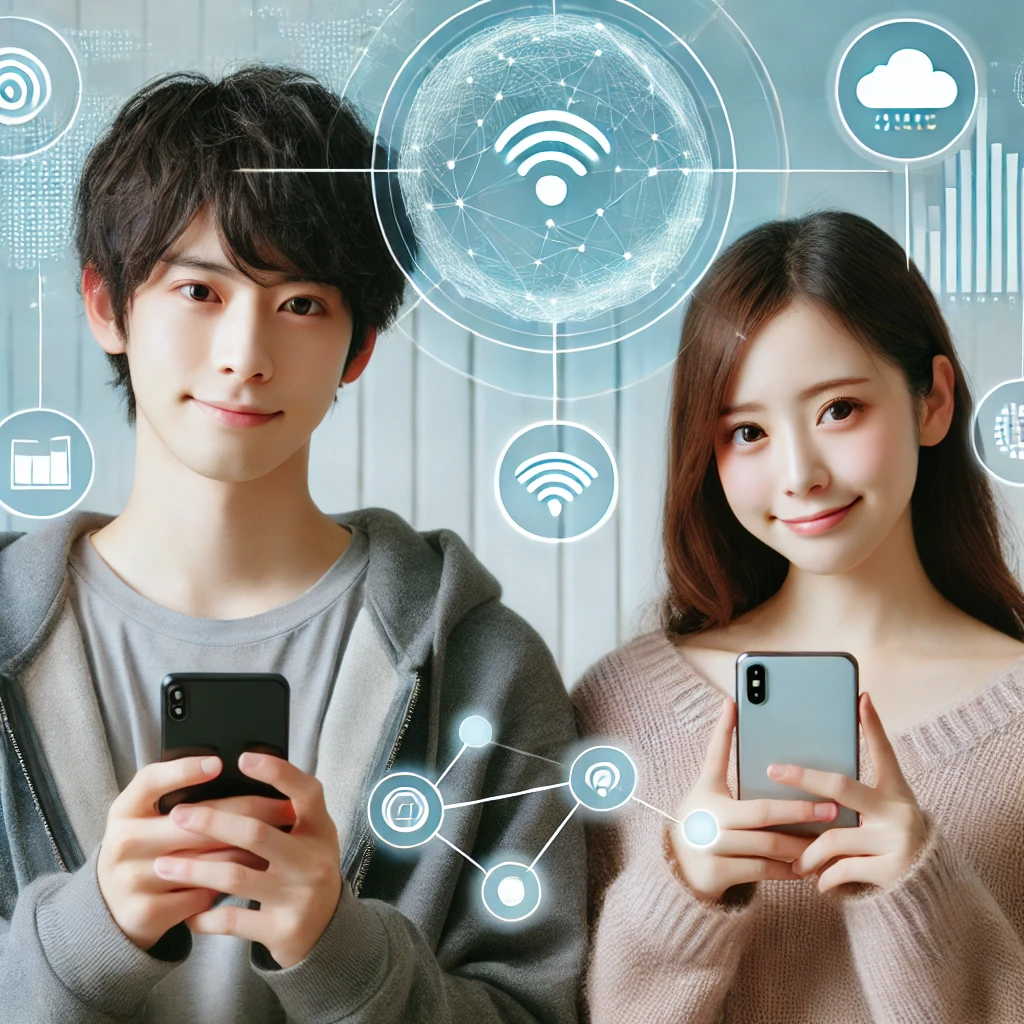 A-young-Japanese-man-and-woman-holding-smartphones-with-a-background-showing-a-network-symbol-and-data-icons-representing-a-mobile-plan.-The-scene-i.webp