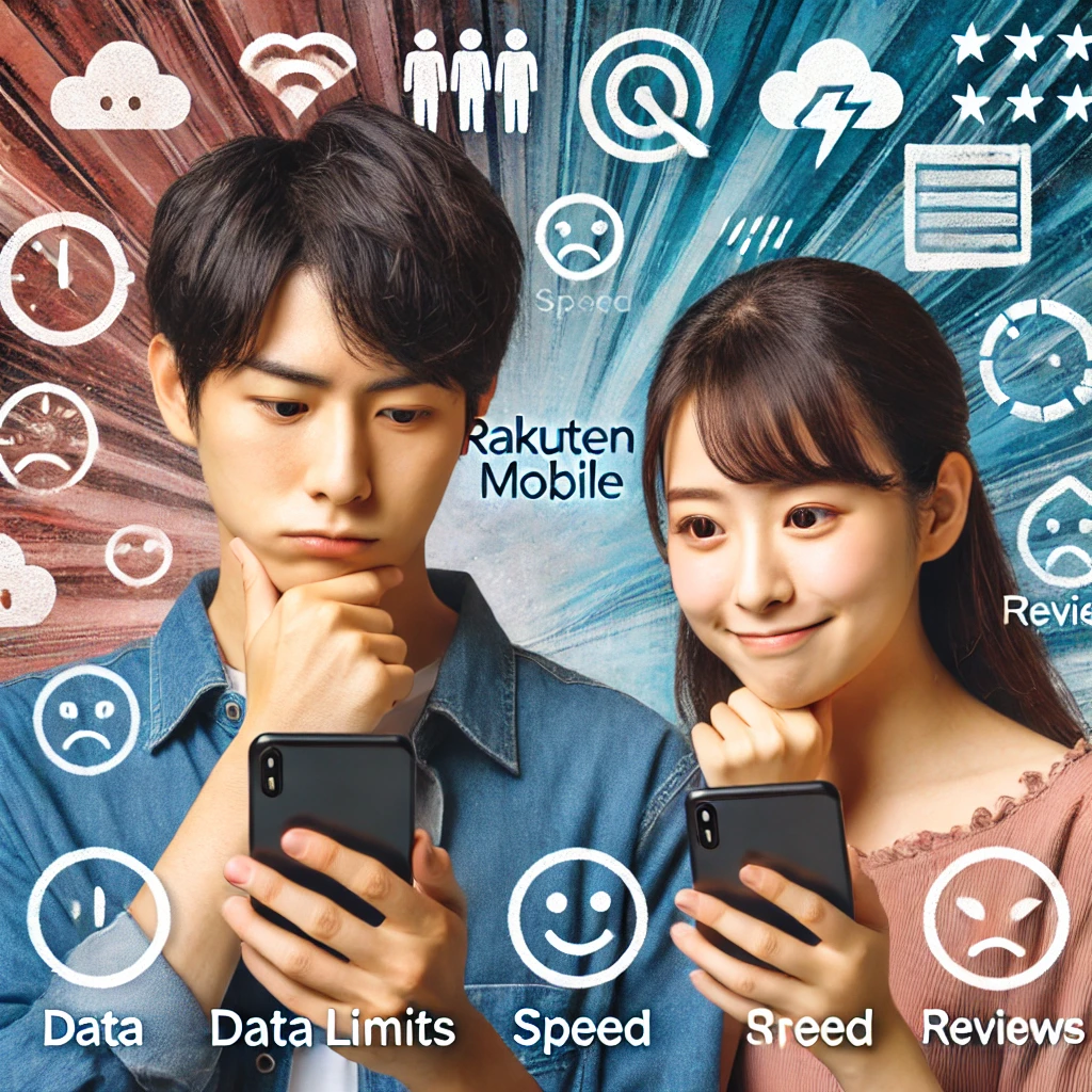 A-young-Japanese-man-and-woman-looking-at-their-smartphones-with-mixed-expressions-surrounded-by-icons-representing-different-aspects-of-a-mobile-pla.webp