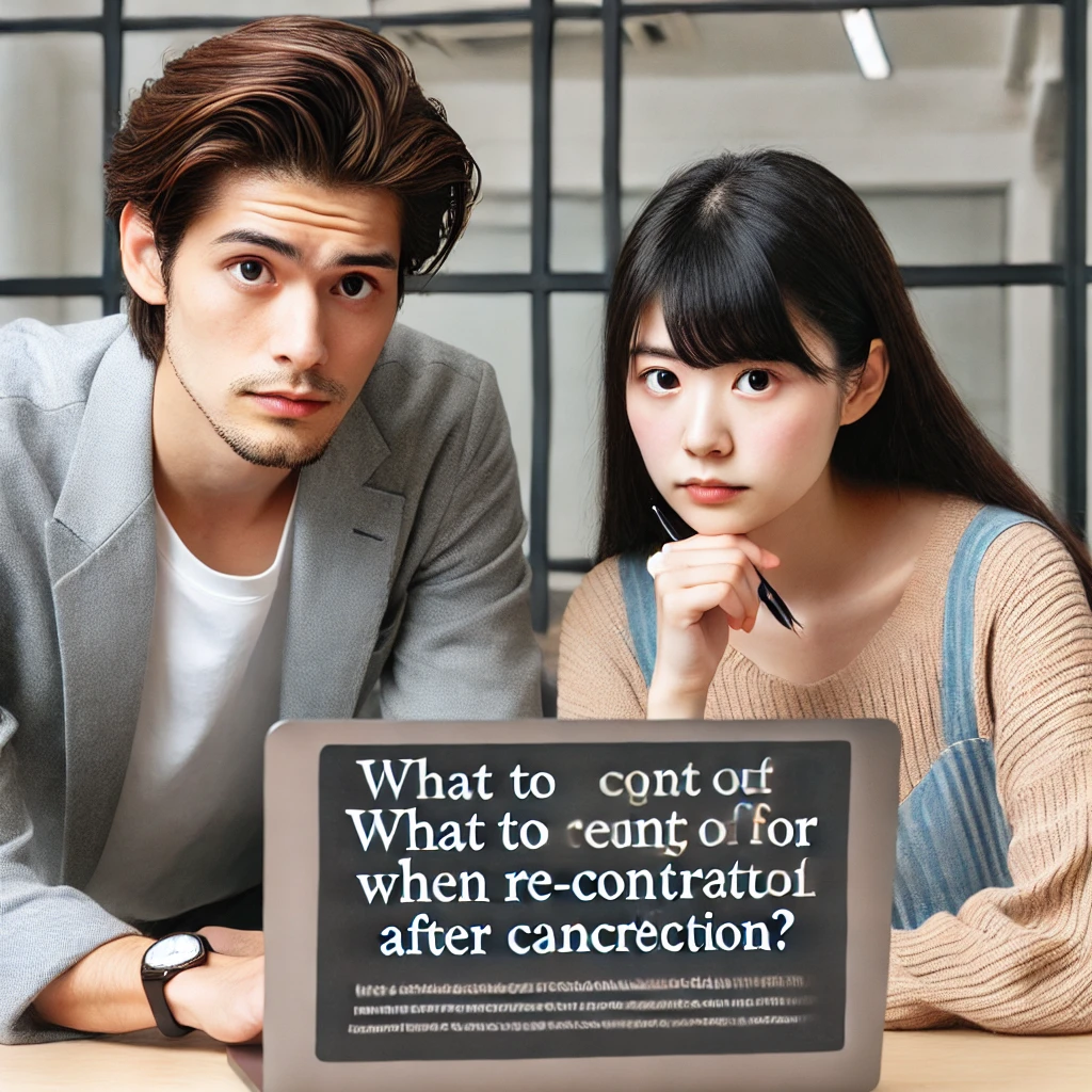 A-young-Japanese-man-and-woman-looking-cautious-as-they-review-terms-on-a-laptop-for-a-new-contract.-Text-on-the-image_-What-to-watch-out-for-when-re.webp