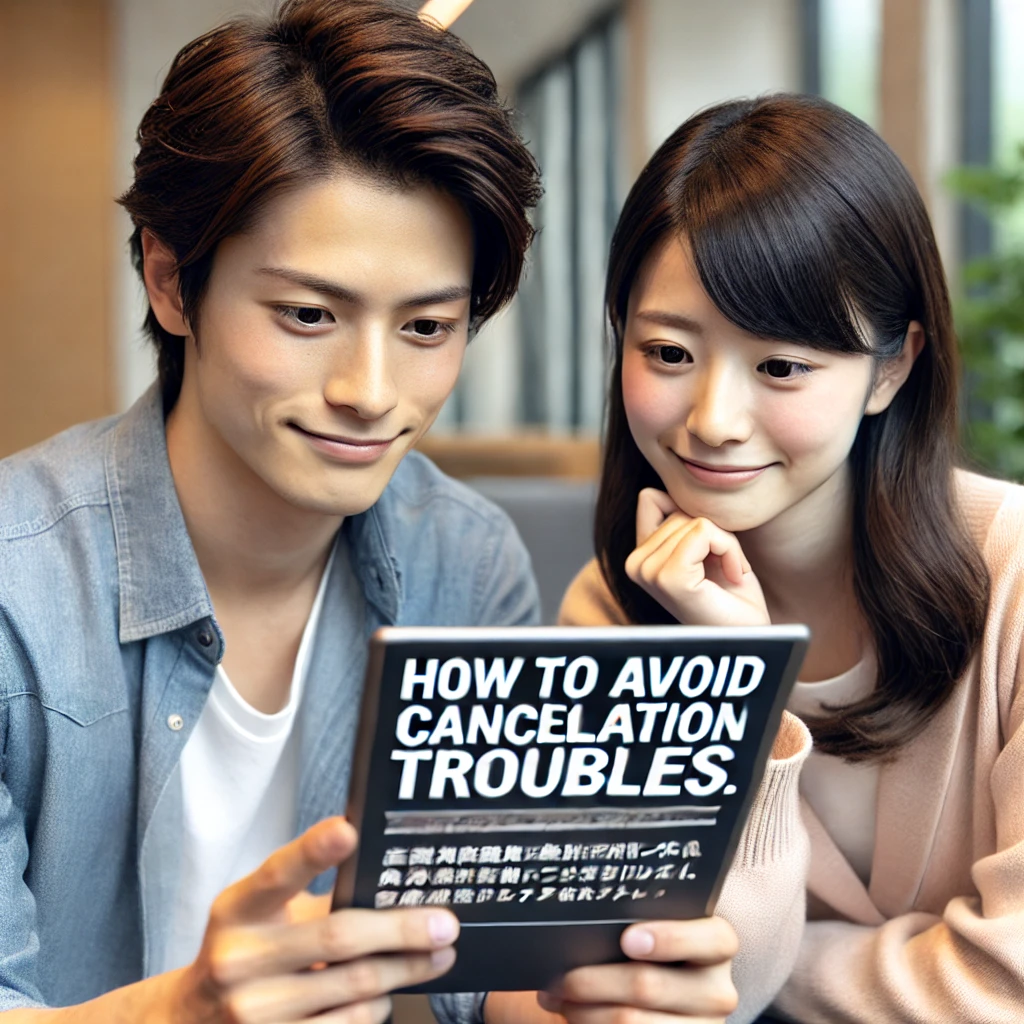 A-young-Japanese-man-and-woman-looking-relieved-as-they-read-instructions-on-a-tablet.-Text-on-the-image_-How-to-avoid-cancellation-troubles.-The-ba.webp