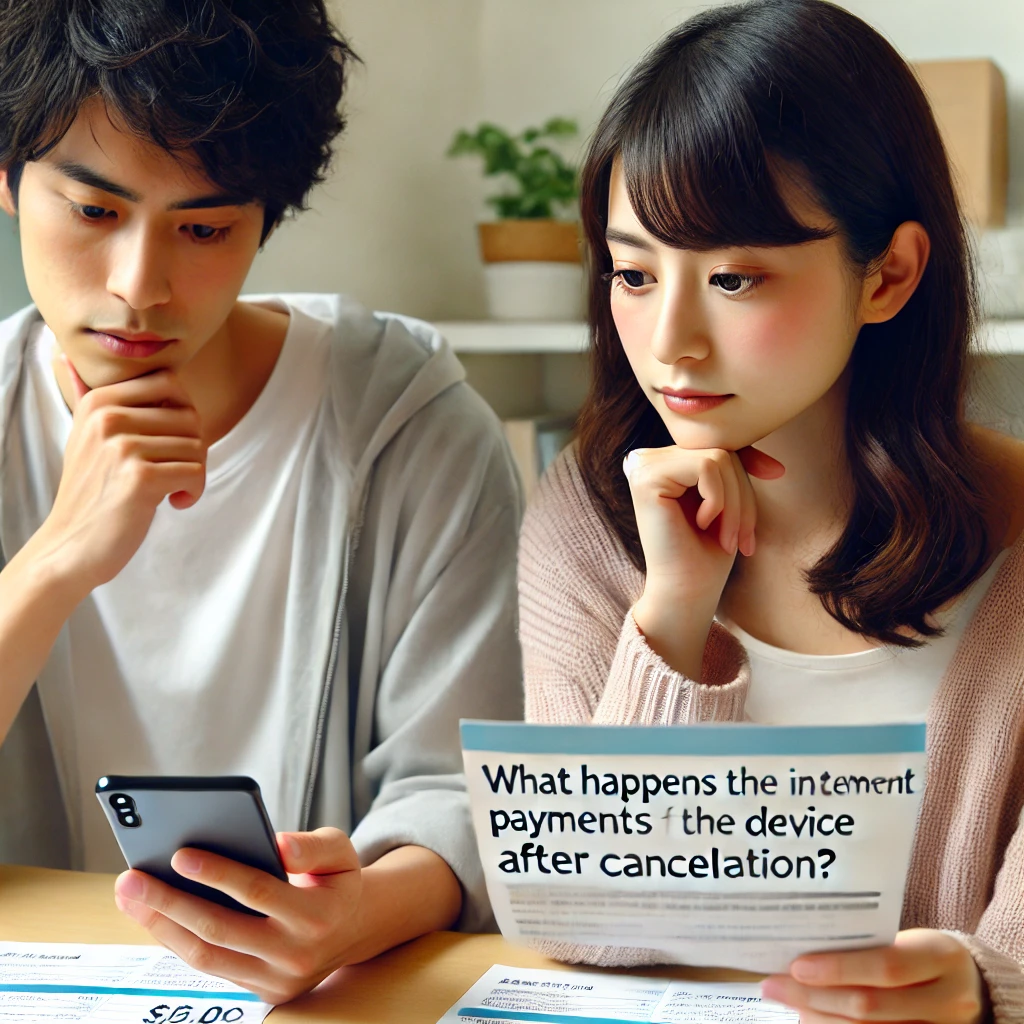 A-young-Japanese-man-and-woman-looking-thoughtful-as-they-examine-a-smartphone-and-payment-bills.-Text-on-the-image_-What-happens-to-the-installment-.webp