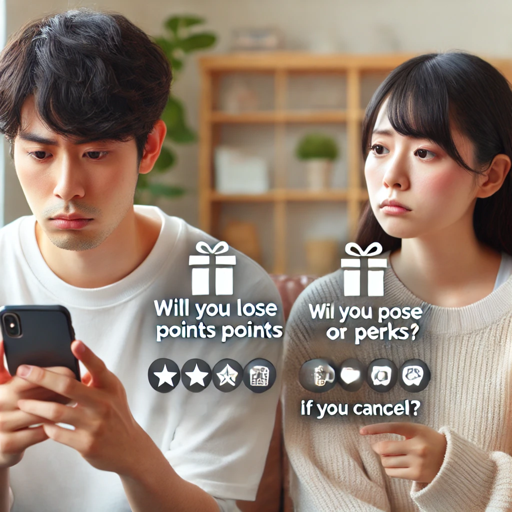 A-young-Japanese-man-and-woman-looking-disappointed-as-they-check-their-smartphones-with-loyalty-points-and-gift-icons-fading-away.-Text-on-the-image.webp