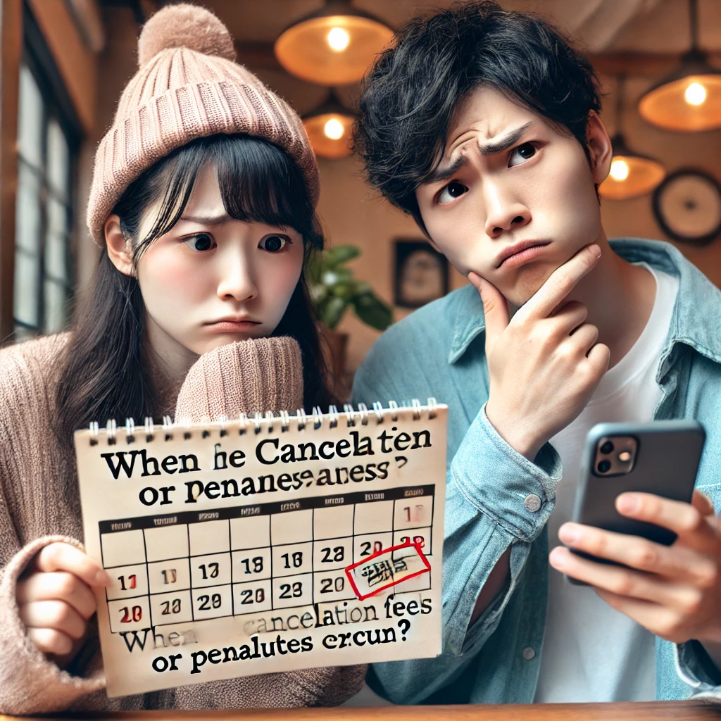 A-young-Japanese-man-and-woman-looking-puzzled-while-checking-a-calendar-and-smartphone.-Text-on-the-image_-When-do-cancellation-fees-or-penalties-oc.webp