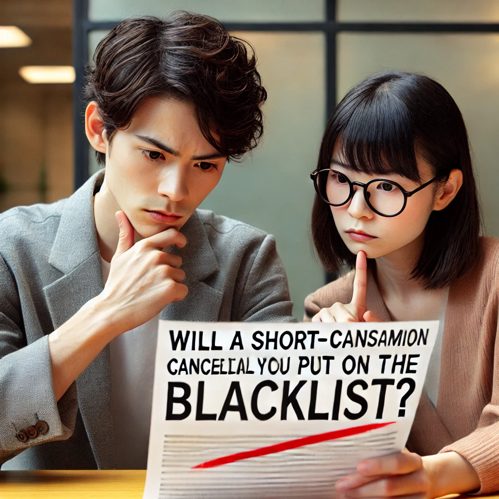 A-young-Japanese-man-and-woman-looking-concerned-as-they-discuss-and-point-to-a-paper-with-a-red-mark.-Text-on-the-image_-Will-a-short-term-cancellat.webp