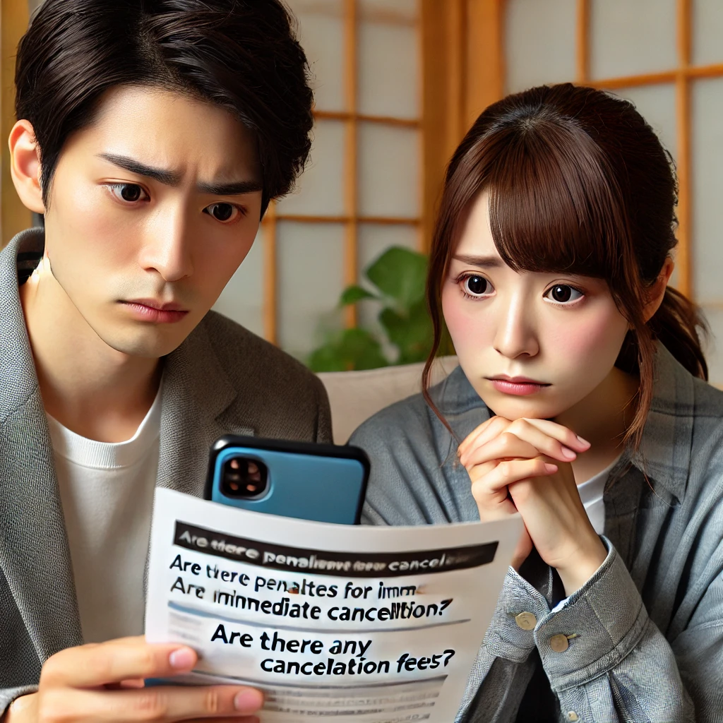 A-young-Japanese-man-and-woman-looking-worried-as-they-read-a-document-on-a-smartphone.-Text-on-the-image_-Are-there-penalties-for-immediate-cancella.webp