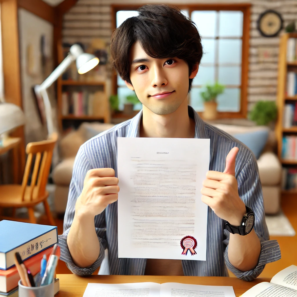 A-Japanese-university-student-both-male-and-female-showing-a-completed-essay-to-the-viewer-with-a-satisfied-expression.-The-background-shows-a-cozy.webp