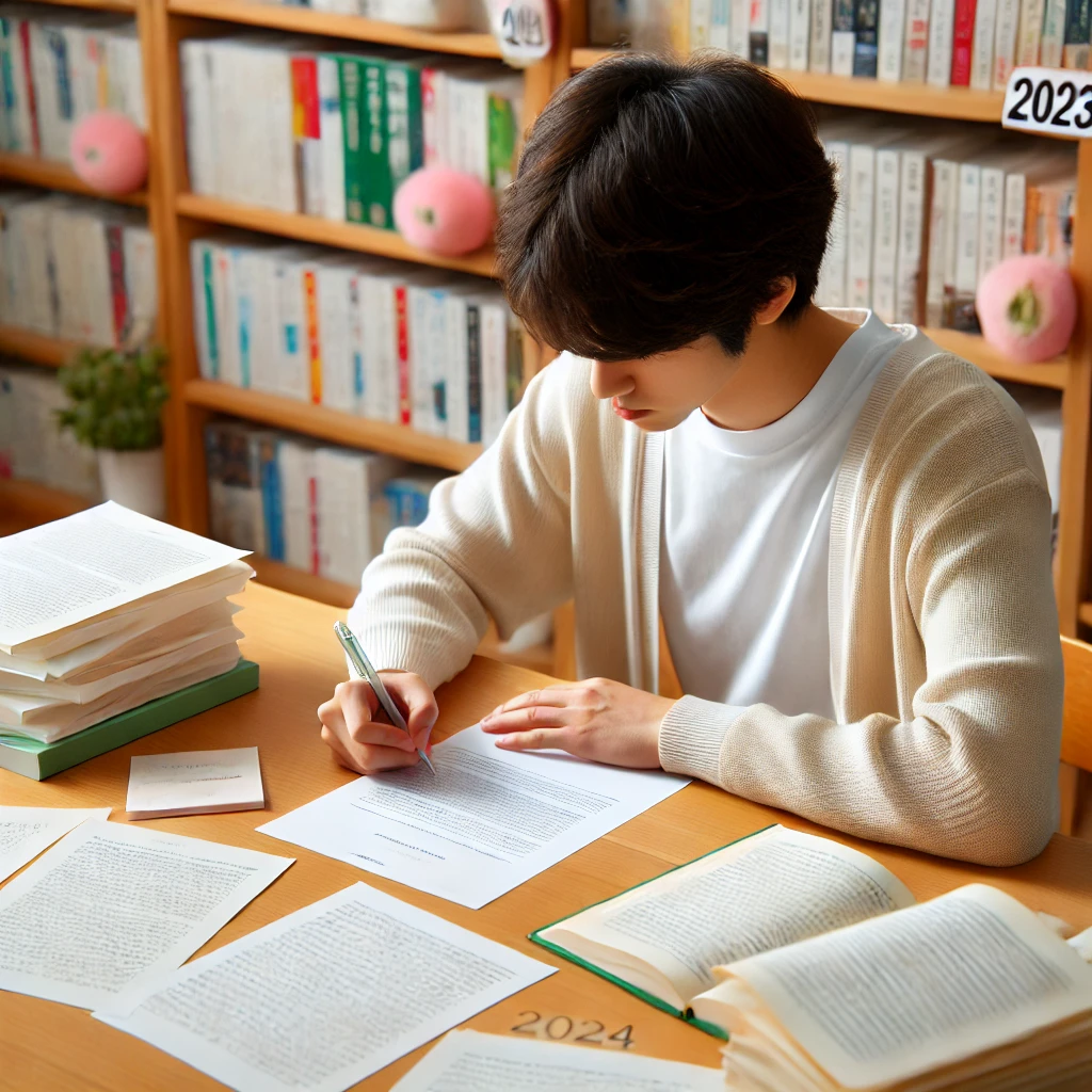 A-Japanese-university-student-both-male-and-female-sitting-at-a-desk-writing-a-small-essay.-The-desk-is-cluttered-with-reference-materials-and-past.webp