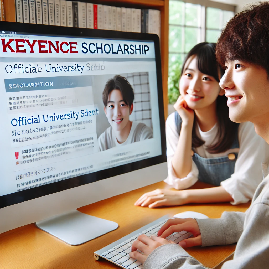 A-Japanese-university-student-both-male-and-female-sitting-at-a-computer-looking-at-the-official-Keyence-scholarship-website.-The-screen-shows-deta.webp