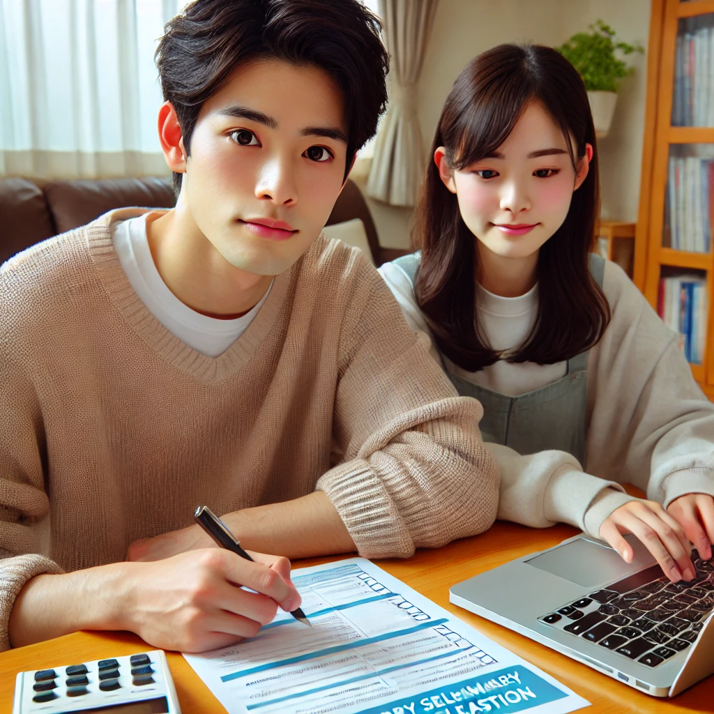 A-Japanese-university-student-both-male-and-female-sitting-at-a-desk-with-a-checklist-and-a-laptop-entering-information-for-the-preliminary-selecti.webp