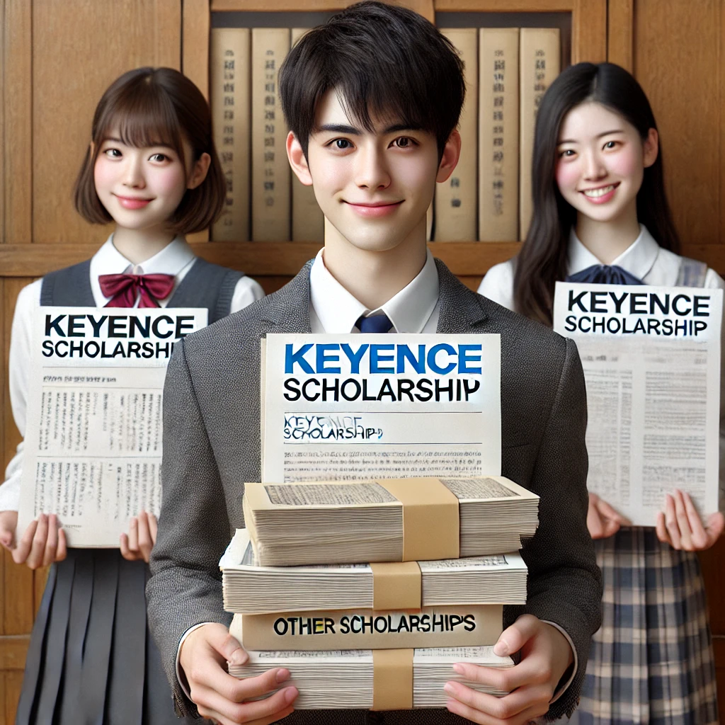 A-Japanese-university-student-both-male-and-female-holding-two-stacks-of-papers-one-labeled-Keyence-Scholarship-and-the-other-labeled-Other-Scho.webp