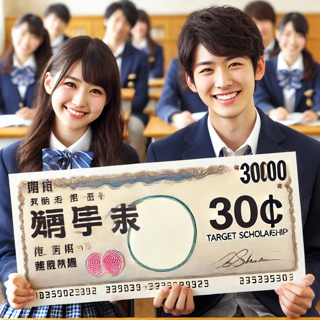 A-Japanese-university-student-both-male-and-female-holding-a-large-cheque-that-says-30万円-and-smiling-happily.-The-background-shows-other-students-.webp