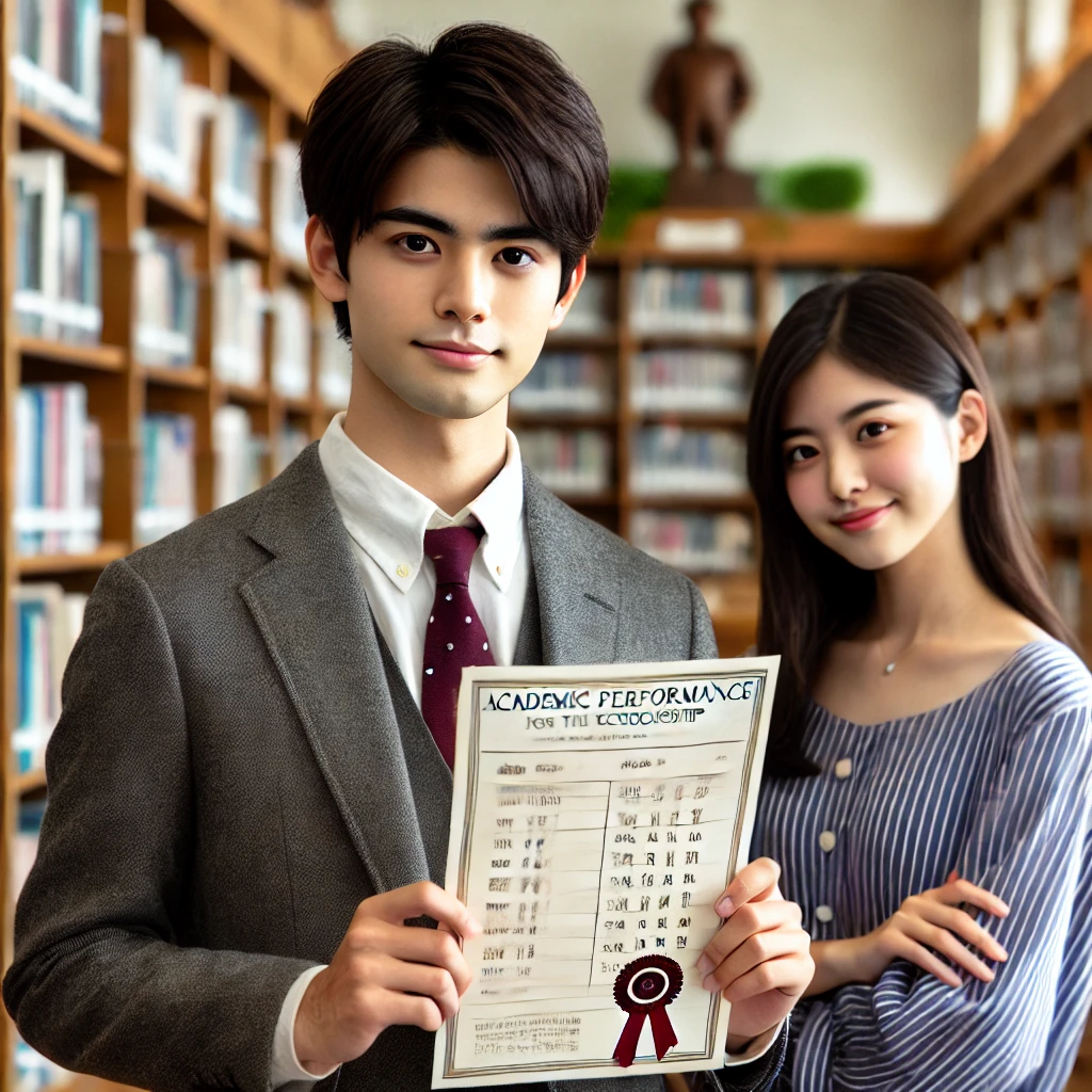 A-Japanese-university-student-both-male-and-female-holding-a-grade-report-with-good-grades-standing-confidently.-The-background-shows-a-library-fil.webp