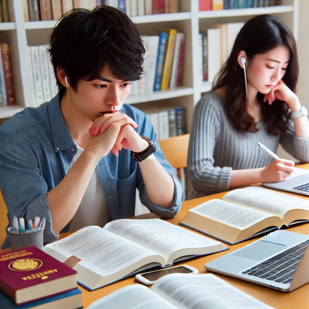 A-Japanese-university-student-both-male-and-female-sitting-at-a-desk-with-notebooks-laptops-and-reference-books.-They-are-studying-intensely-show.webp