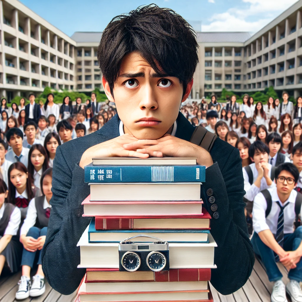 A-Japanese-university-student-both-male-and-female-holding-a-stack-of-books-and-looking-anxious-with-a-large-crowd-of-students-behind-them-to-repre.webp