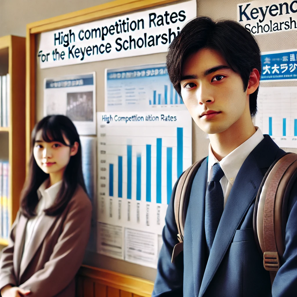 A-Japanese-university-student-both-male-and-female-standing-in-front-of-a-notice-board-displaying-a-chart-with-high-competition-rates-for-the-Keyenc.webp