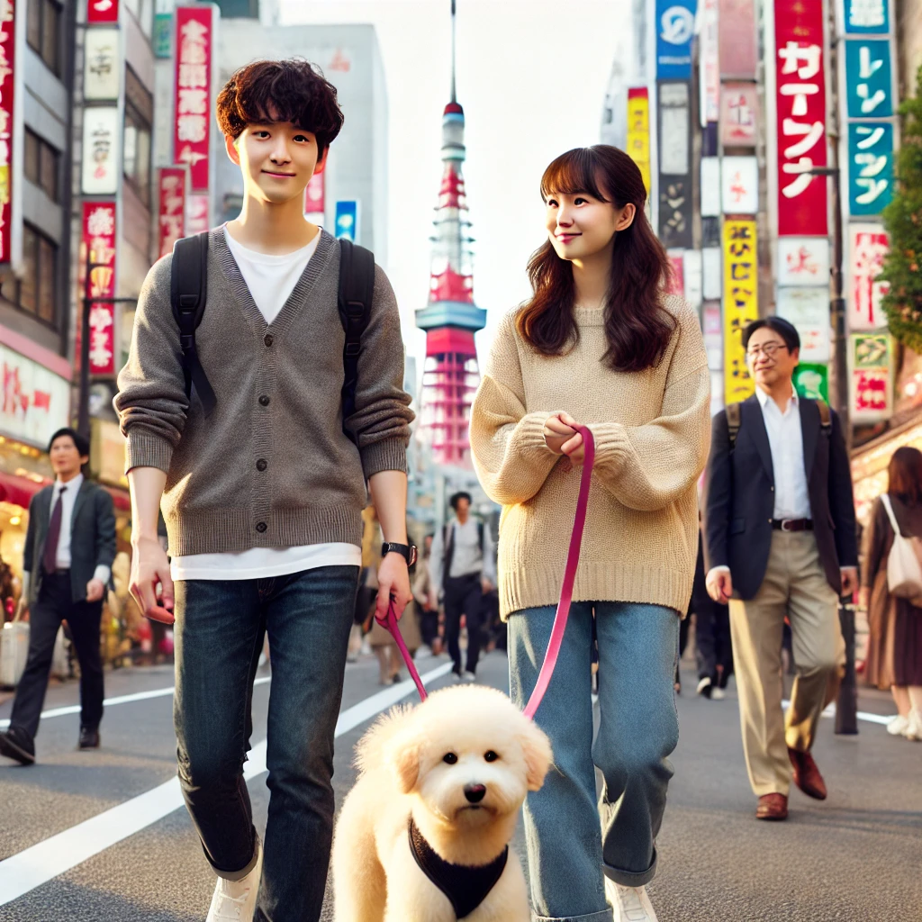 A-young-Japanese-couple-walking-with-a-rental-dog-in-a-busy-Tokyo-street.-They-look-happy-and-the-dog-is-on-a-leash-walking-calmly-beside-them.-The-b.webp