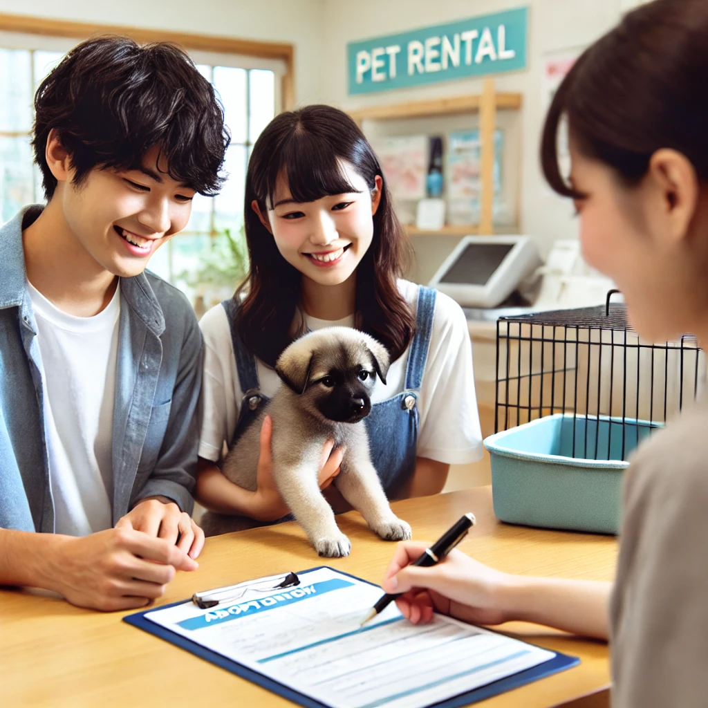 A-young-Japanese-couple-signing-paperwork-for-adopting-a-rental-dog-at-a-pet-rental-shop.-They-look-happy-and-excited-while-a-staff-member-assists-th.webp