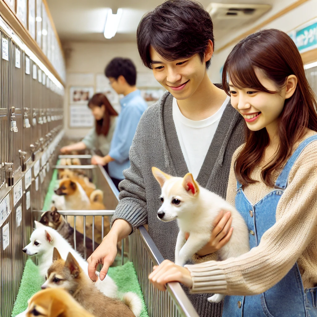 A-young-Japanese-couple-choosing-a-rental-dog-from-a-selection-of-dogs-at-a-pet-rental-shop.-They-look-happy-and-are-carefully-considering-their-optio.webp