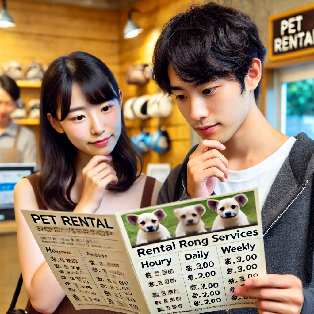 A-young-Japanese-couple-looking-at-a-price-list-for-rental-dog-services-at-a-pet-rental-shop.-They-appear-thoughtful-and-are-discussing-the-different-.webp