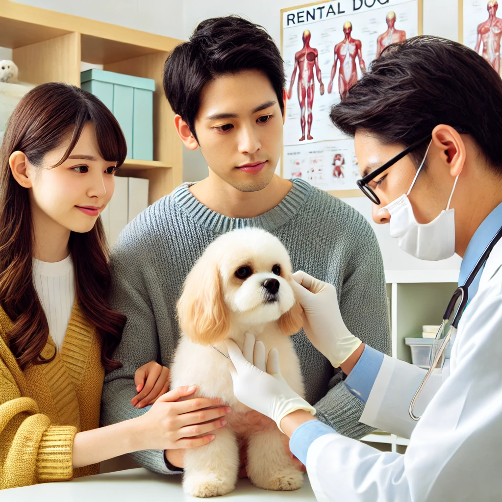 A-young-Japanese-couple-watching-a-veterinarian-examine-a-rental-dog.-The-vet-is-checking-the-dogs-health-and-the-couple-looks-attentive-and-caring.webp