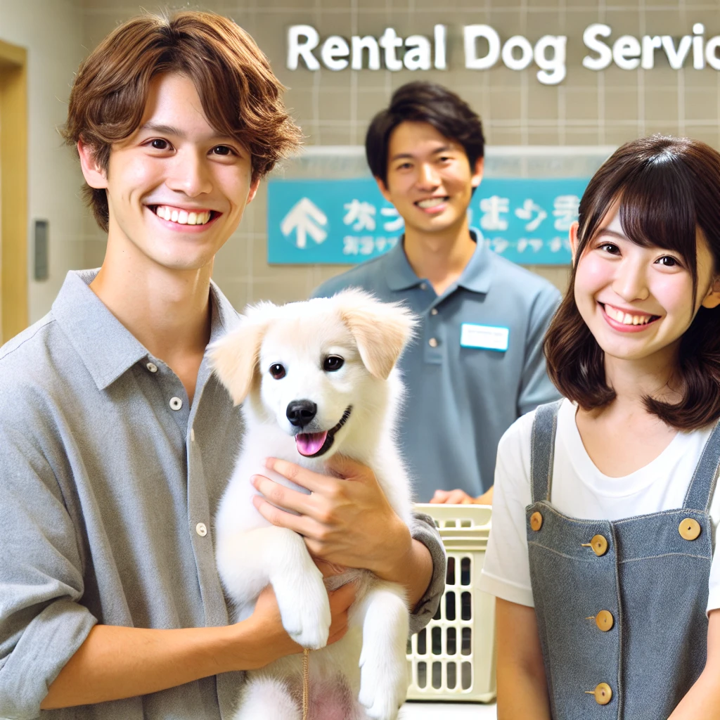 A-young-Japanese-couple-smiling-while-holding-a-rental-dog-in-their-arms.-The-couple-looks-happy-and-reassured-showing-that-the-rental-dog-service-is.webp