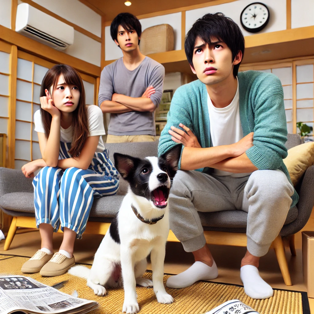 A-young-Japanese-couple-experiencing-a-problem-with-a-rental-dog-in-their-living-room.-The-dog-is-barking-continuously-and-the-couple-looks-stressed-.webp