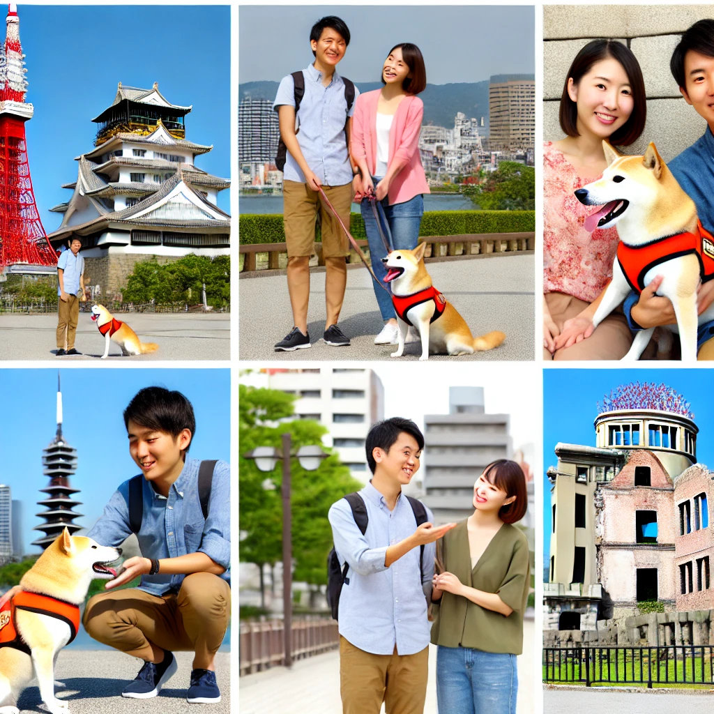 A-young-Japanese-couple-with-a-rental-dog-exploring-different-cities-in-Japan-like-Fukuoka-Osaka-and-Hiroshima.-Each-scene-shows-them-with-the-dog-a.webp