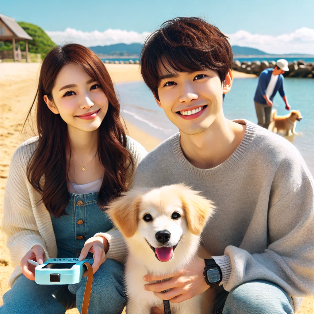 A-young-Japanese-couple-enjoying-an-outing-with-their-rental-dog-at-a-pet-friendly-beach.-They-are-playing-with-the-dog-near-the-water-looking-happy-.webp